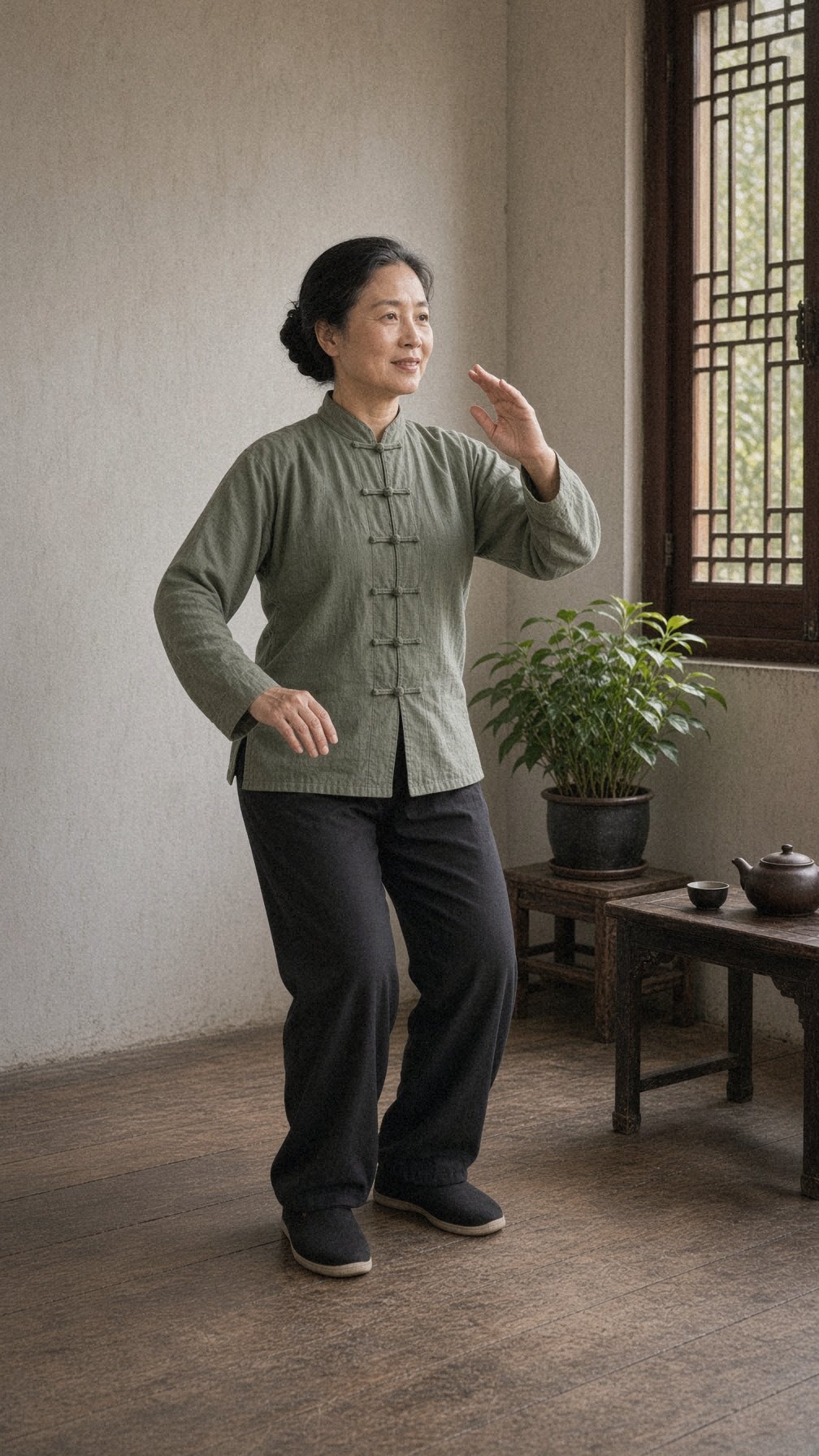 A woman in her 50s in a sage green tai chi jacket practising cloud hands in a calm room with a wooden lattice window
