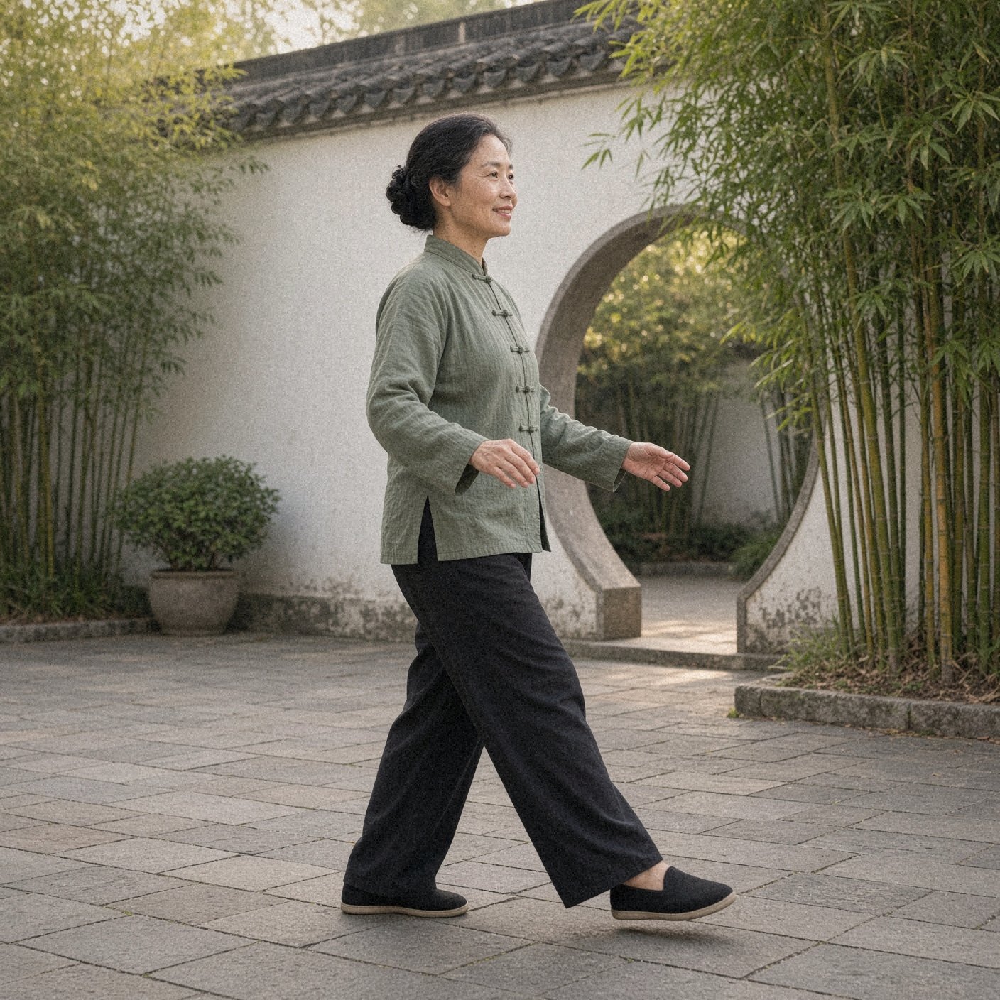 Woman in a sage green tai chi jacket doing a slow tai chi walking step in a Chinese courtyard