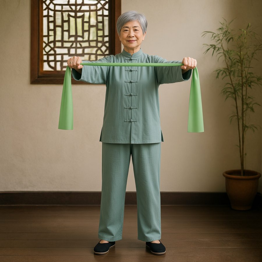 Photo of an older woman in a tai chi suit doing band pull aparts, a gentle posture exercise for rounded shoulders and a forward head