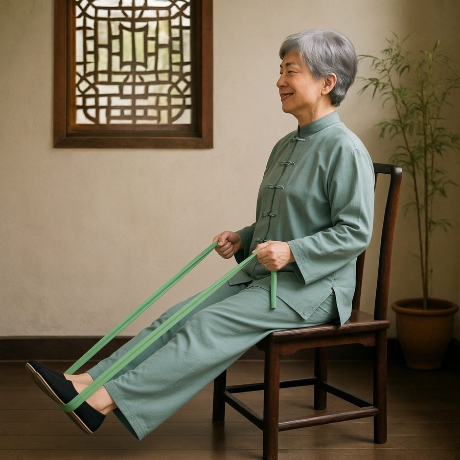 Photo of an older woman in a tai chi suit doing band rows, a gentle posture exercise for rounded shoulders and a forward head
