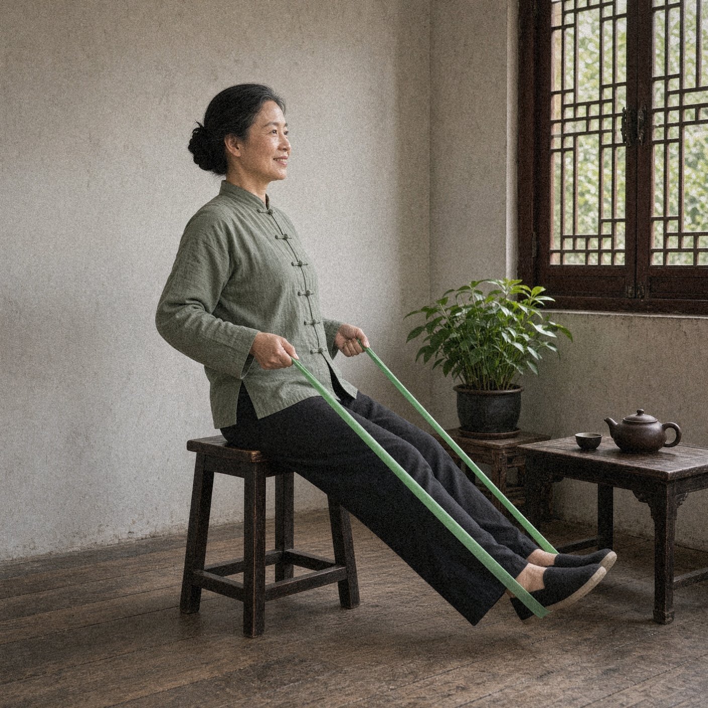 Woman seated on a chair doing a resistance band row