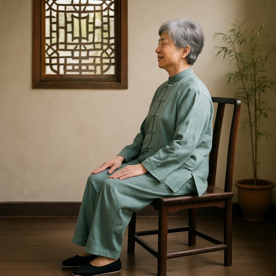 Photo of an older woman in a tai chi suit doing chin tucks, a gentle posture exercise for rounded shoulders and a forward head