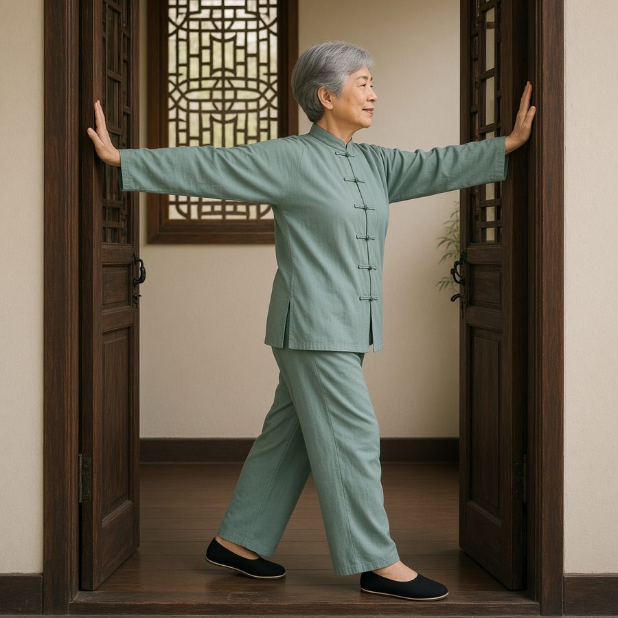Photo of an older woman in a tai chi suit doing doorway chest stretch, a gentle posture exercise for rounded shoulders and a forward head