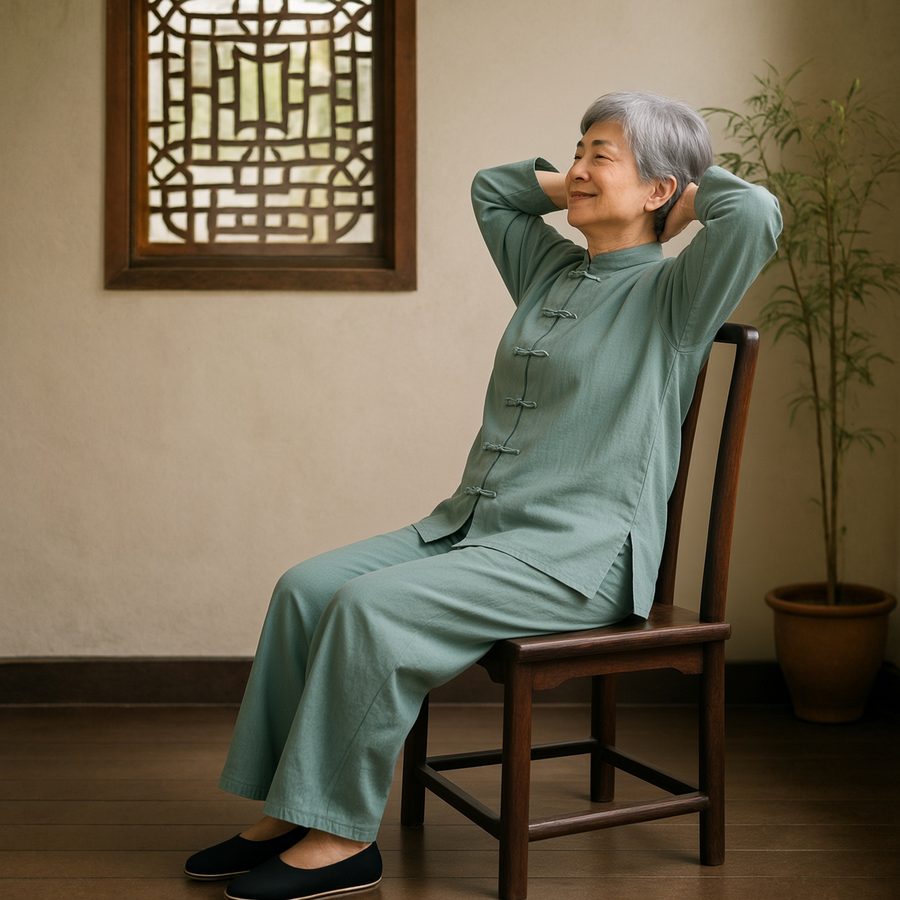 Photo of an older woman in a tai chi suit doing seated back extension, a gentle posture exercise for rounded shoulders and a forward head
