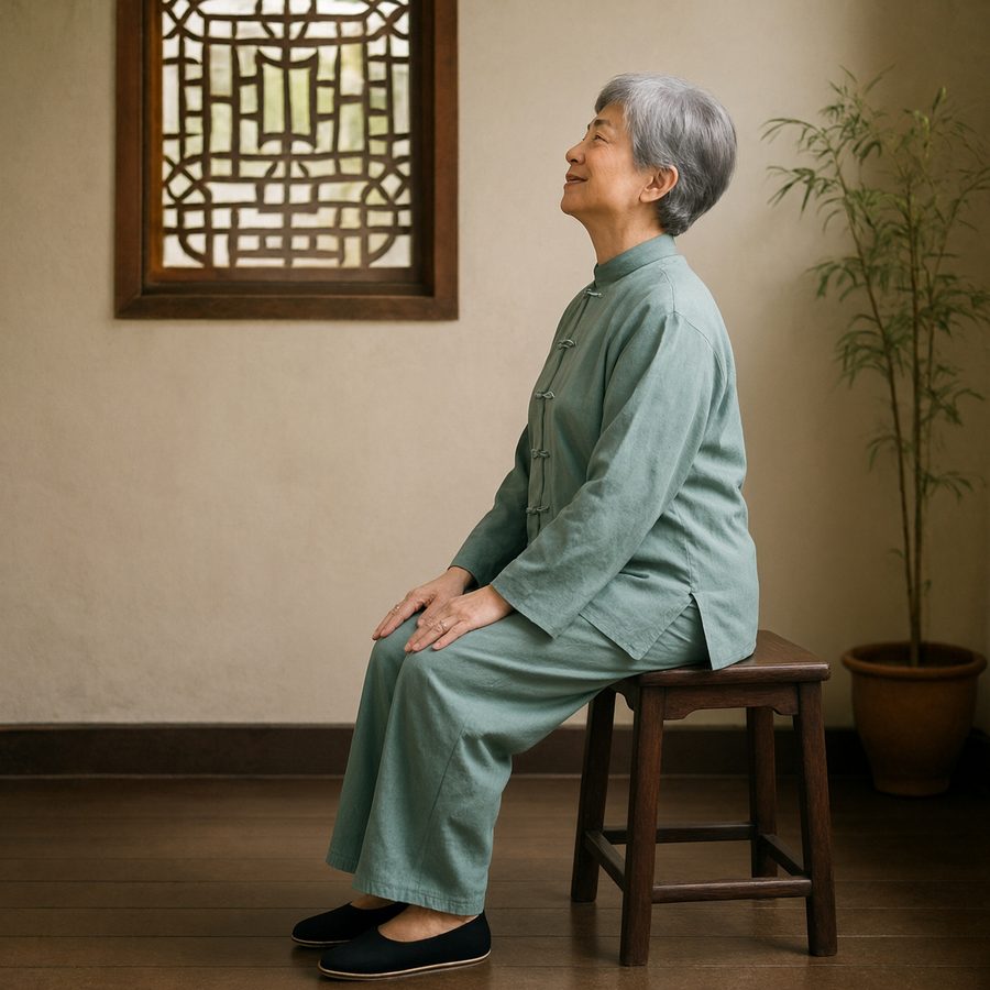 Photo of an older woman in a tai chi suit doing seated cat cow, a gentle posture exercise for rounded shoulders and a forward head