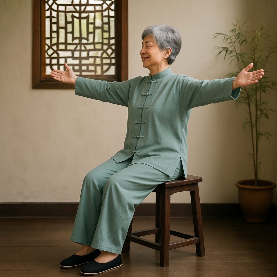 Photo of an older woman in a tai chi suit doing seated chest opener, a gentle posture exercise for rounded shoulders and a forward head