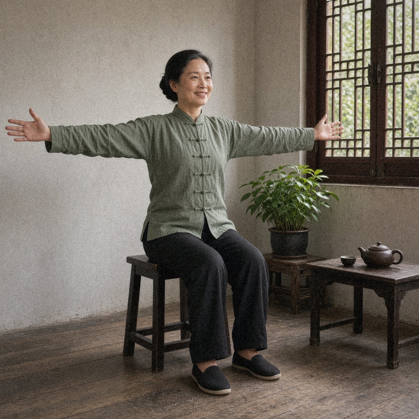 Woman in a sage green tai chi jacket seated on a stool opening her arms wide in a chest stretch