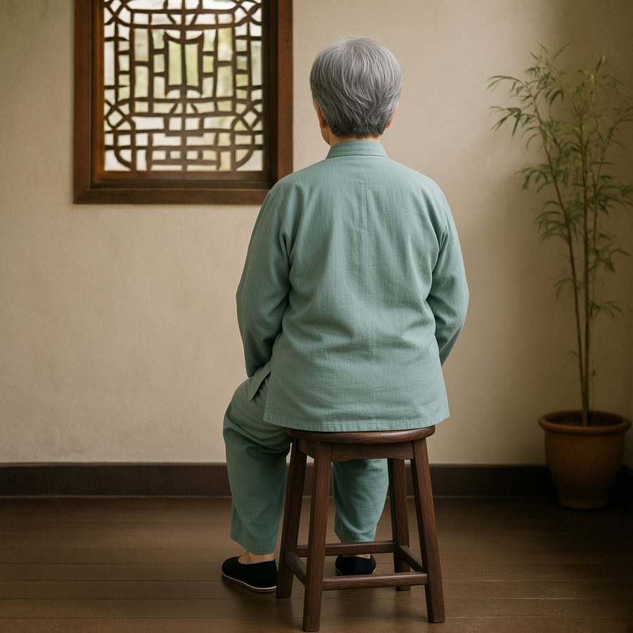 Photo of an older woman in a tai chi suit doing shoulder blade squeezes, a gentle posture exercise for rounded shoulders and a forward head