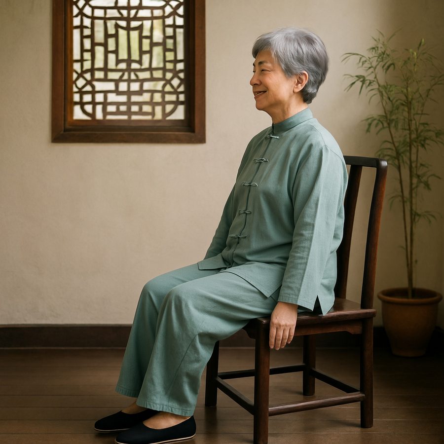 Photo of an older woman in a tai chi suit doing shoulder rolls, a gentle posture exercise for rounded shoulders and a forward head