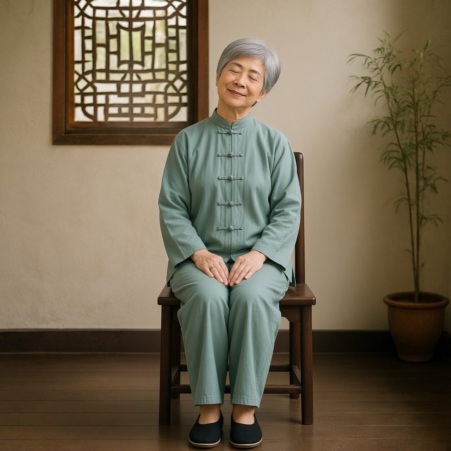Photo of an older woman in a tai chi suit doing side neck stretch, a gentle posture exercise for rounded shoulders and a forward head