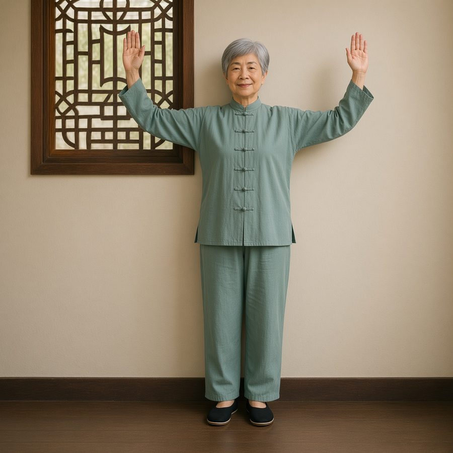 Photo of an older woman in a tai chi suit doing wall angels, a gentle posture exercise for rounded shoulders and a forward head
