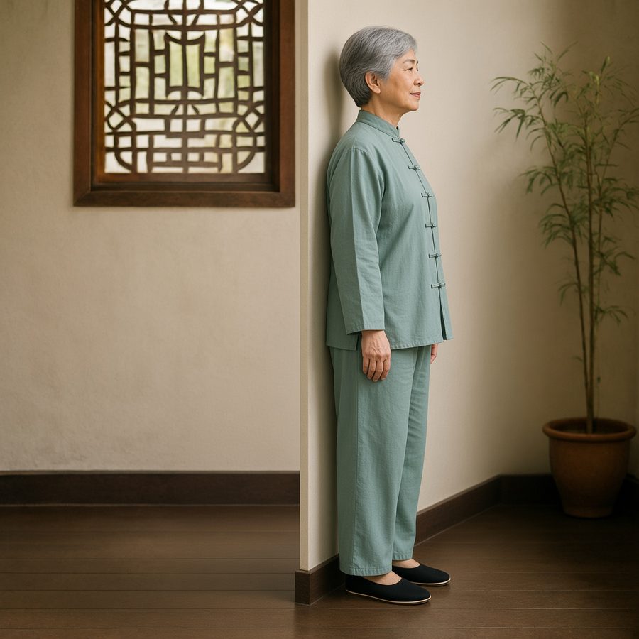 Photo of an older woman in a tai chi suit doing wall posture check, a gentle posture exercise for rounded shoulders and a forward head
