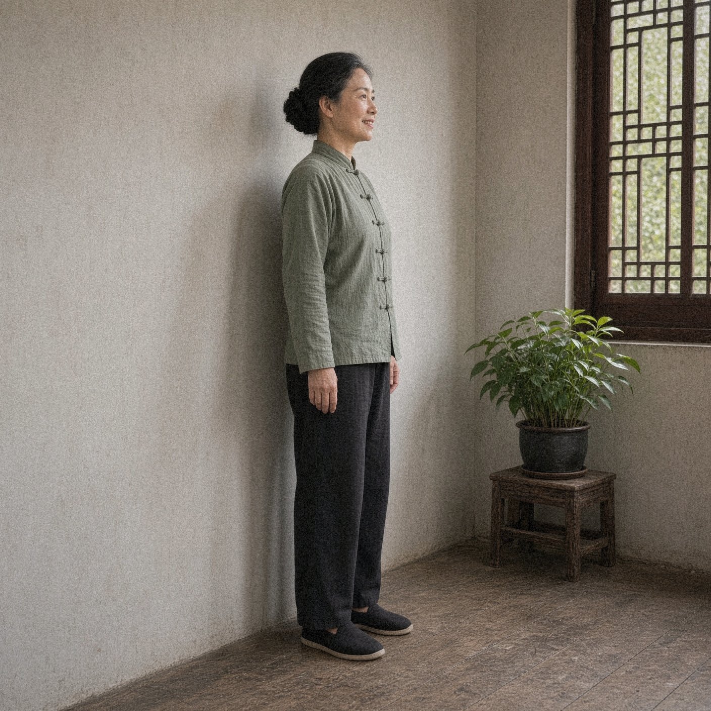 Woman standing tall against a wall to check her posture