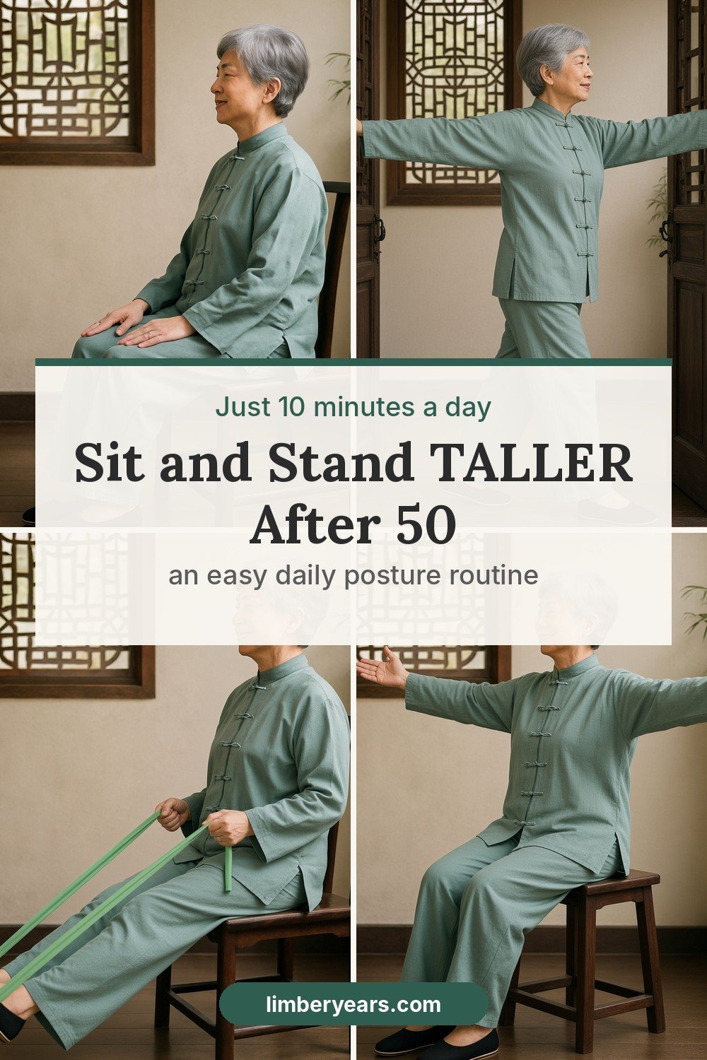 Pinterest pin: a 10 minute daily posture routine to sit and stand taller after 50