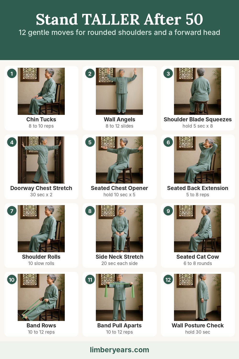 Posture exercises chart with 12 photos of gentle moves for rounded shoulders and a forward head, with reps for each move