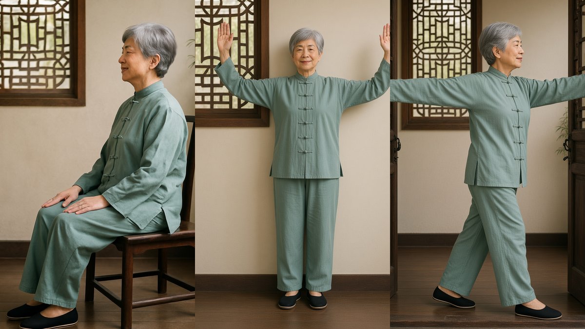 An older woman in a sage green tai chi suit doing chin tucks, wall angels and a doorway chest stretch