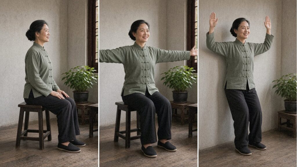 A woman over 50 in a sage green tai chi jacket doing three gentle posture exercises at home: a chin tuck, a seated chest opener and wall angels