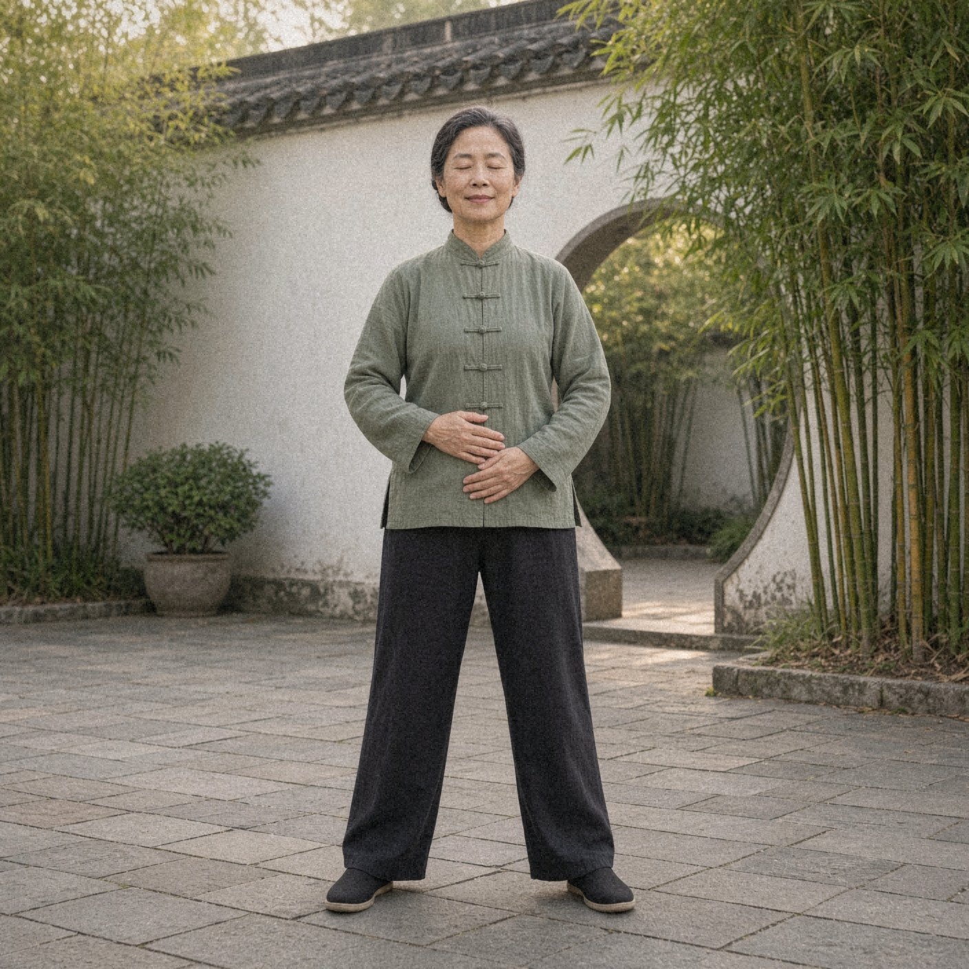 Photo of a woman over 50 in a sage green tai chi jacket doing tai chi breathing, an easy tai chi move for beginners