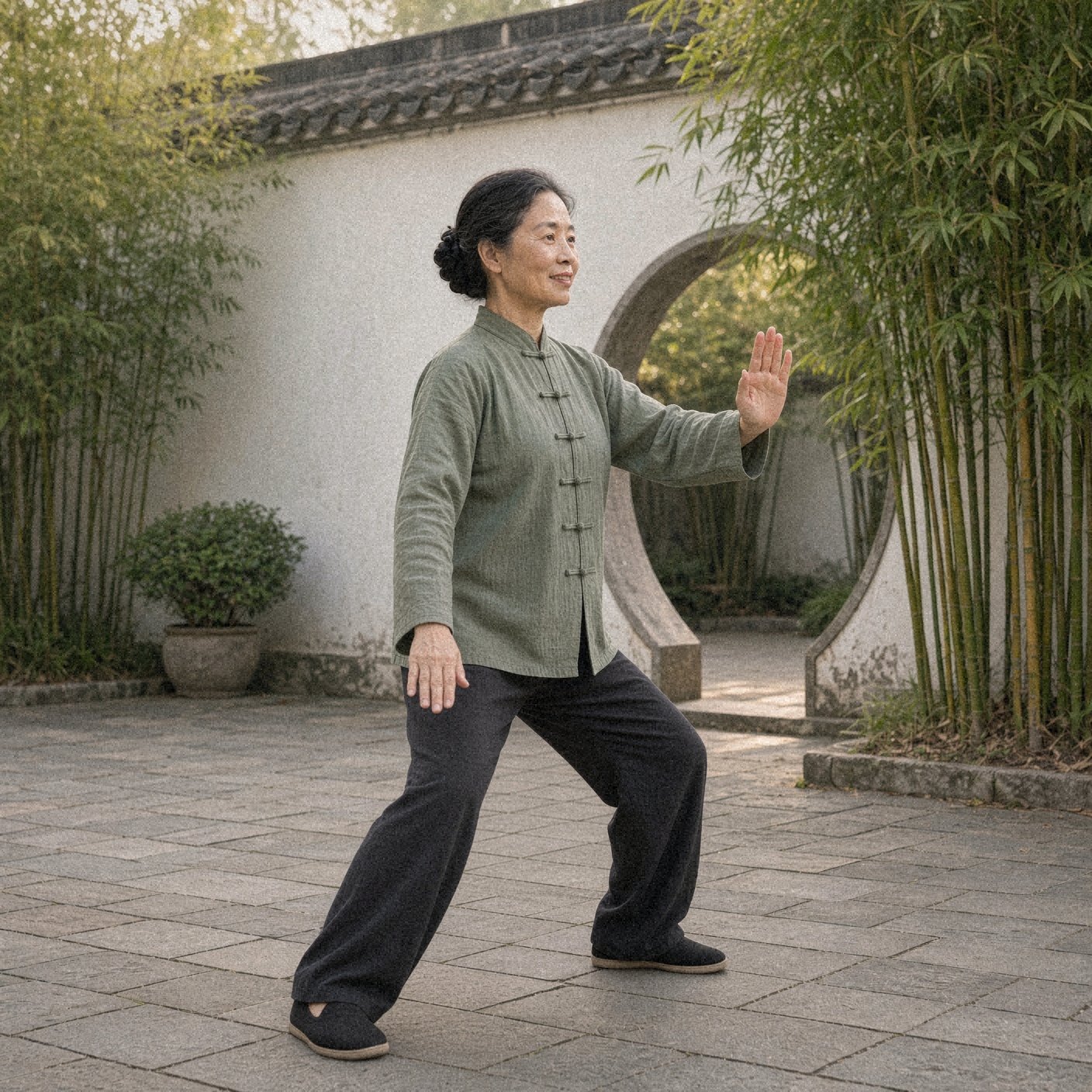 Photo of a woman over 50 in a sage green tai chi jacket doing brush knee, an easy tai chi move for beginners