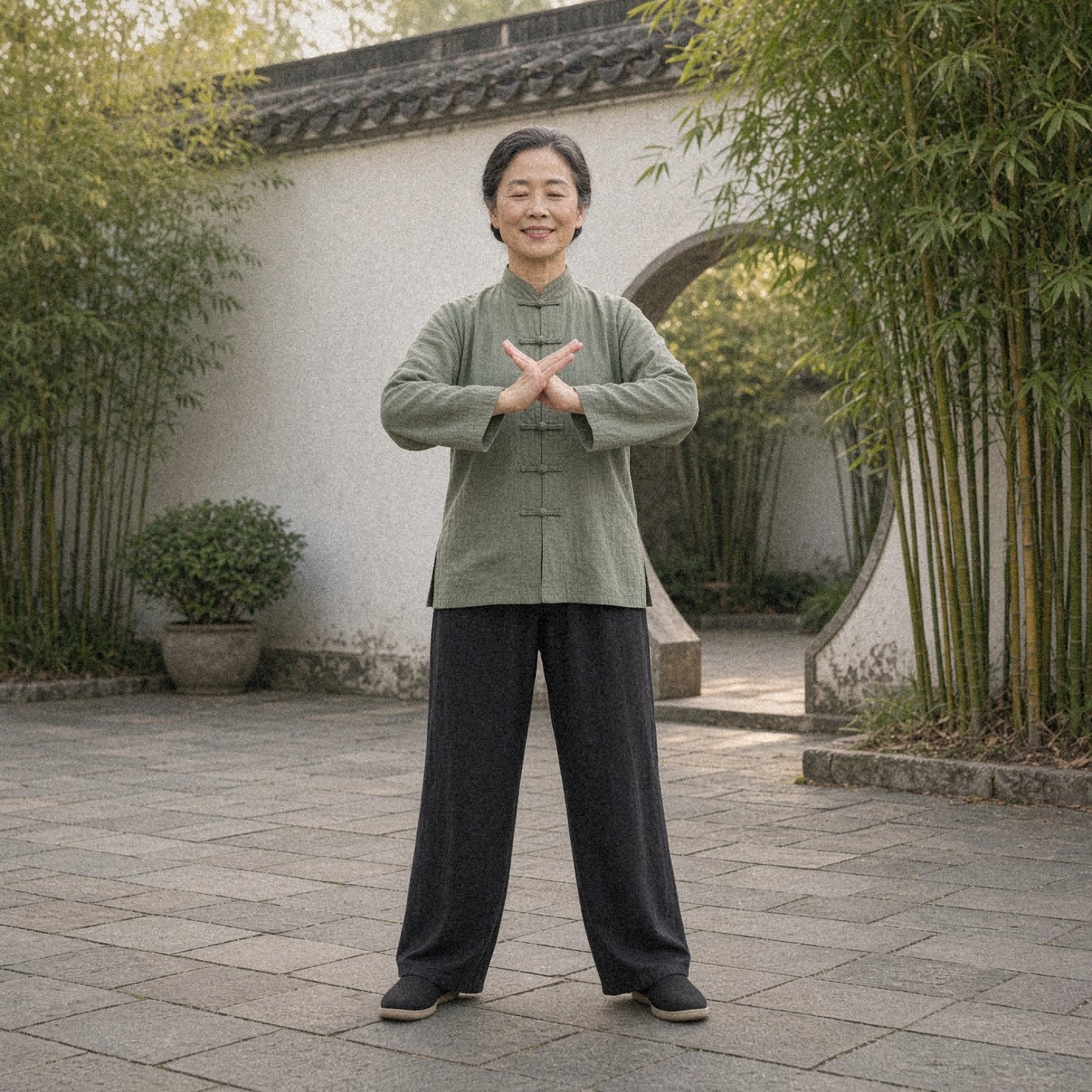 Photo of a woman over 50 in a sage green tai chi jacket doing closing form, an easy tai chi move for beginners