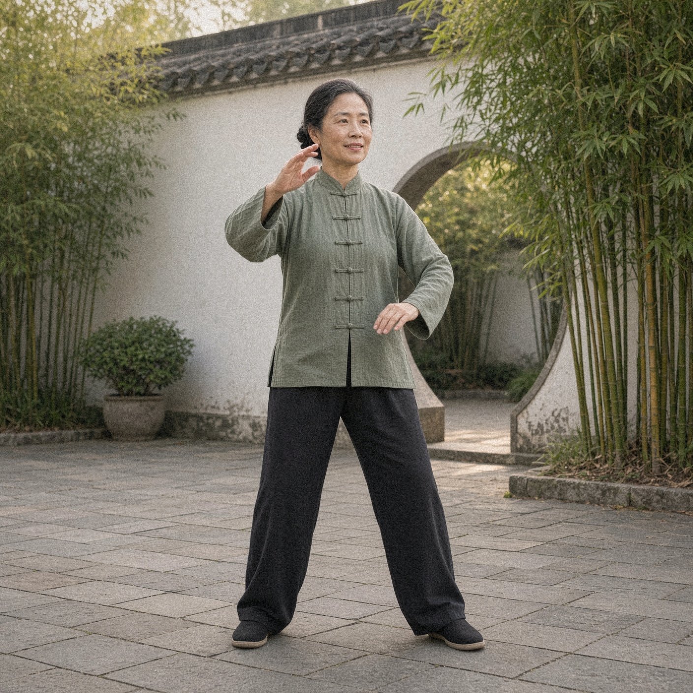 Photo of a woman over 50 in a sage green tai chi jacket doing wave hands like clouds, an easy tai chi move for beginners