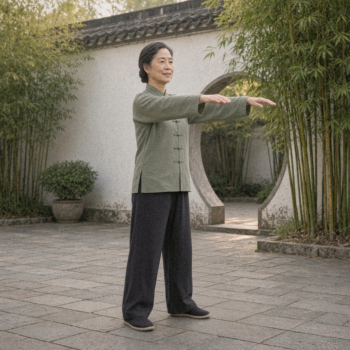 Photo of a woman over 50 in a sage green tai chi jacket doing commencing form, an easy tai chi move for beginners