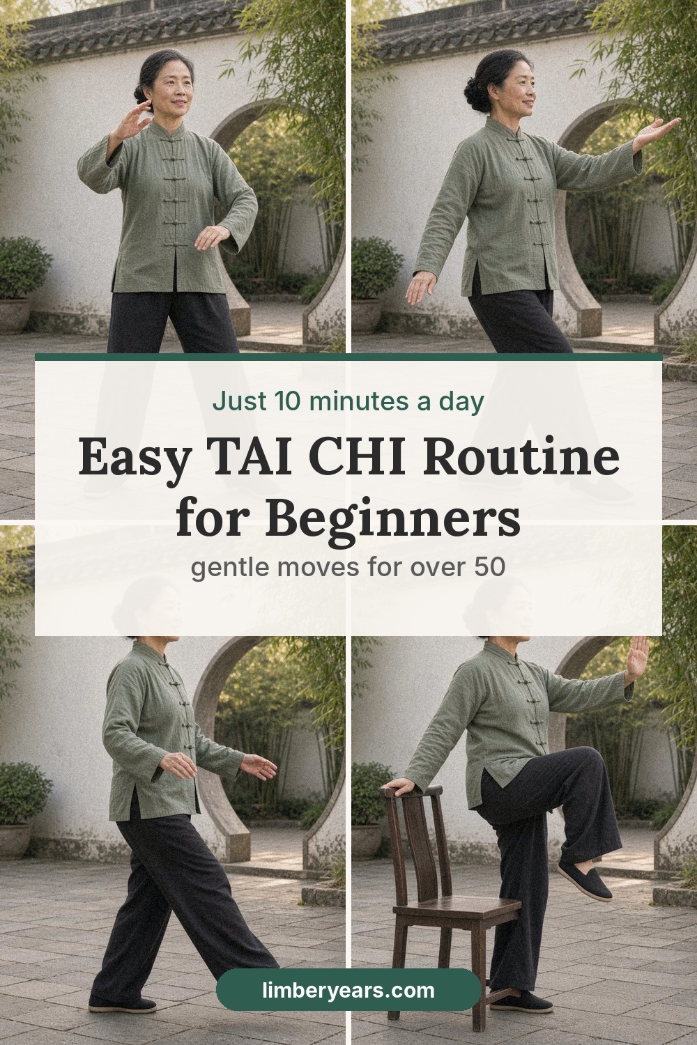 Pinterest pin: a 10 minute tai chi routine for beginners over 50, slow and gentle moves at home