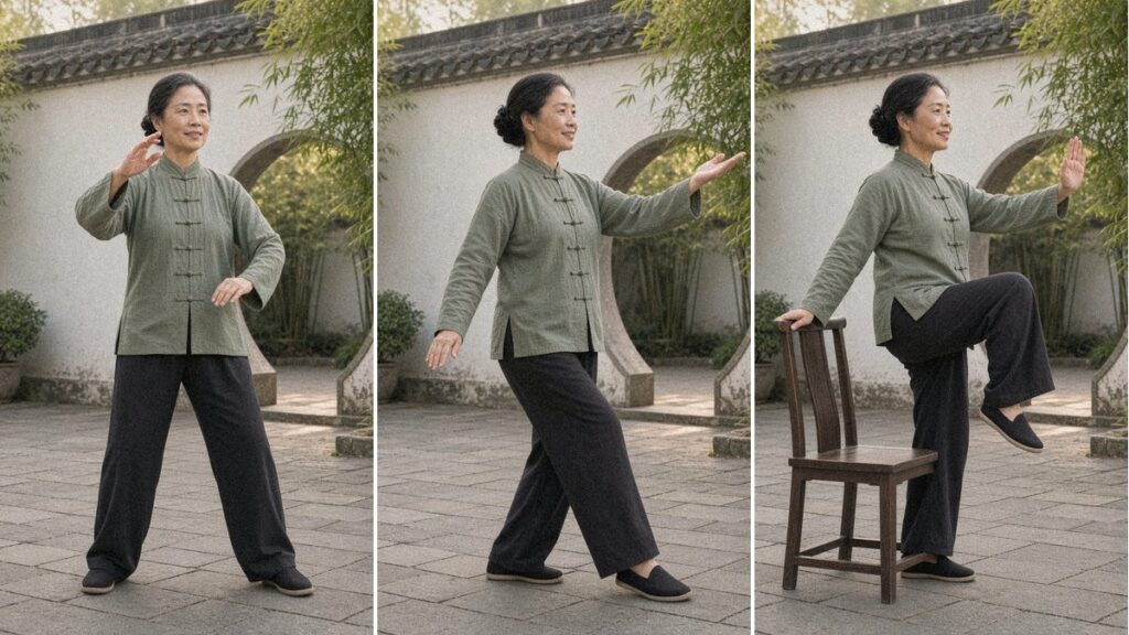 A woman over 50 in a sage green tai chi jacket doing three easy tai chi moves in a Chinese courtyard: cloud hands, part the wild horse's mane and golden rooster with a chair
