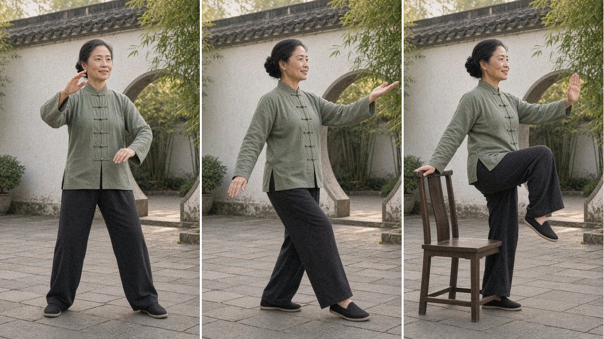 A woman over 50 in a sage green tai chi jacket doing three easy tai chi moves in a Chinese courtyard: cloud hands, part the wild horse's mane and golden rooster with a chair