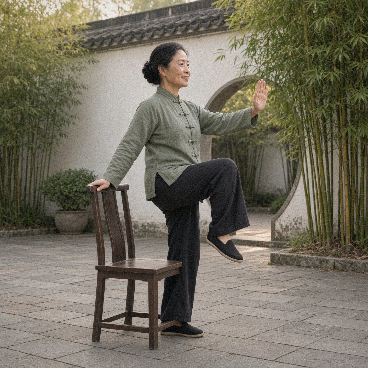Photo of a woman over 50 in a sage green tai chi jacket doing golden rooster stands on one leg, an easy tai chi move for beginners
