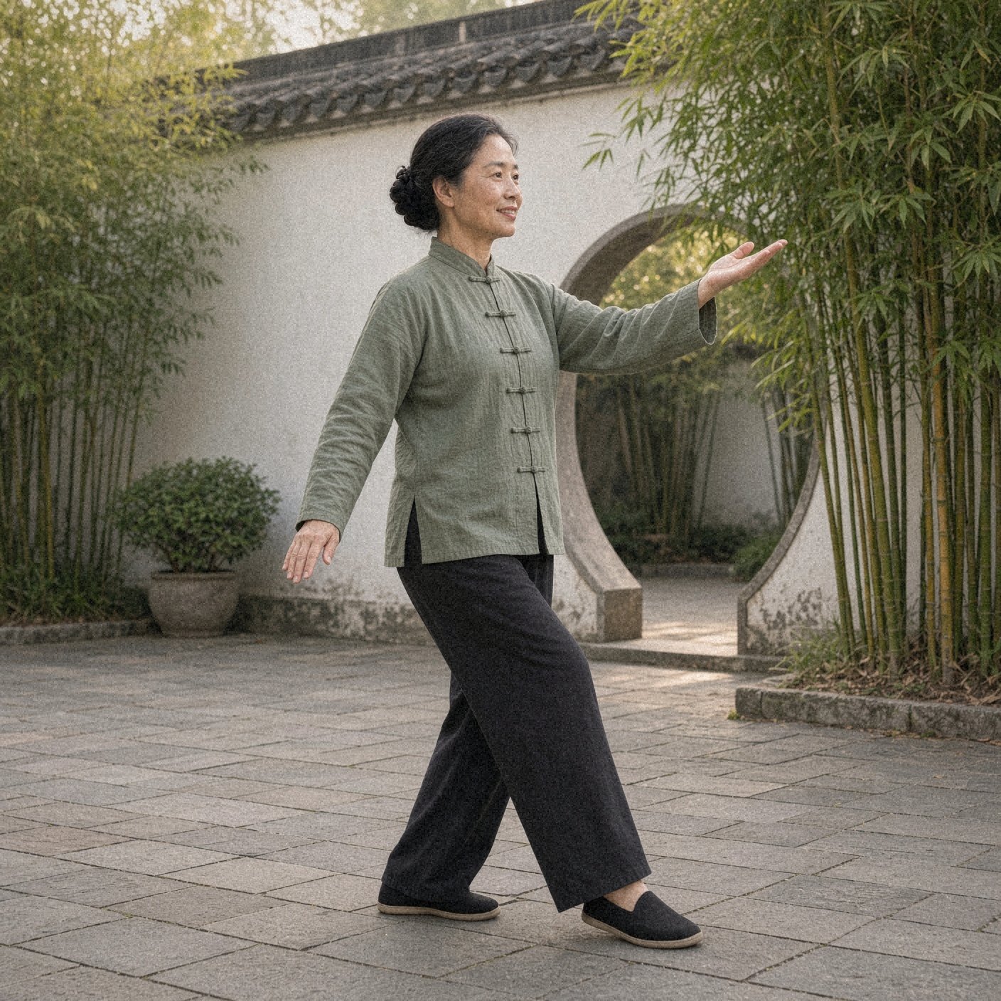 Photo of a woman over 50 in a sage green tai chi jacket doing part the wild horse's mane, an easy tai chi move for beginners