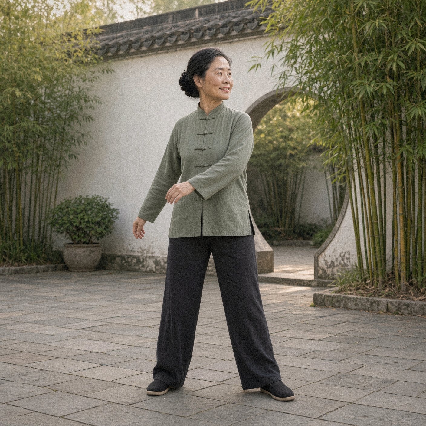 Photo of a woman over 50 in a sage green tai chi jacket doing waist turns, an easy tai chi move for beginners