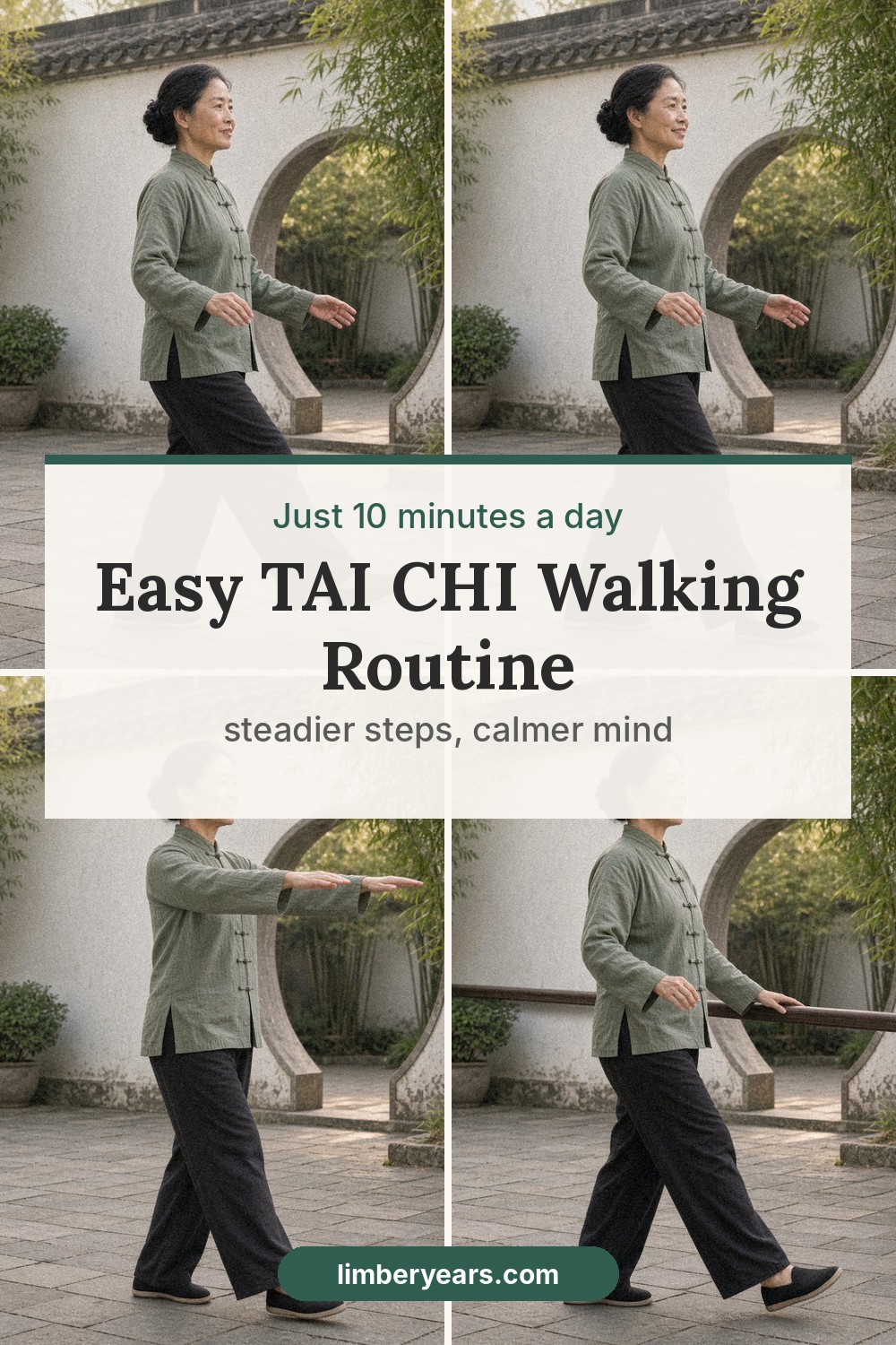 Pinterest pin: a 10 minute tai chi walking routine for beginners over 50 to help balance and steady legs