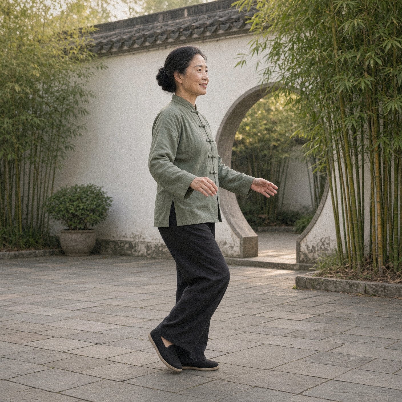 Photo of a woman over 50 in a sage green tai chi jacket showing the tai chi walking step: bring the back foot through