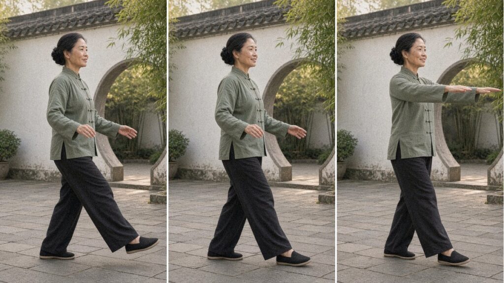A woman over 50 in a sage green tai chi jacket practising slow tai chi walking steps in a Chinese courtyard