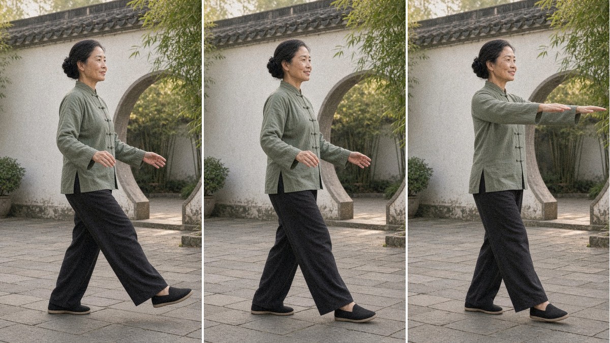 A woman over 50 in a sage green tai chi jacket practising slow tai chi walking steps in a Chinese courtyard