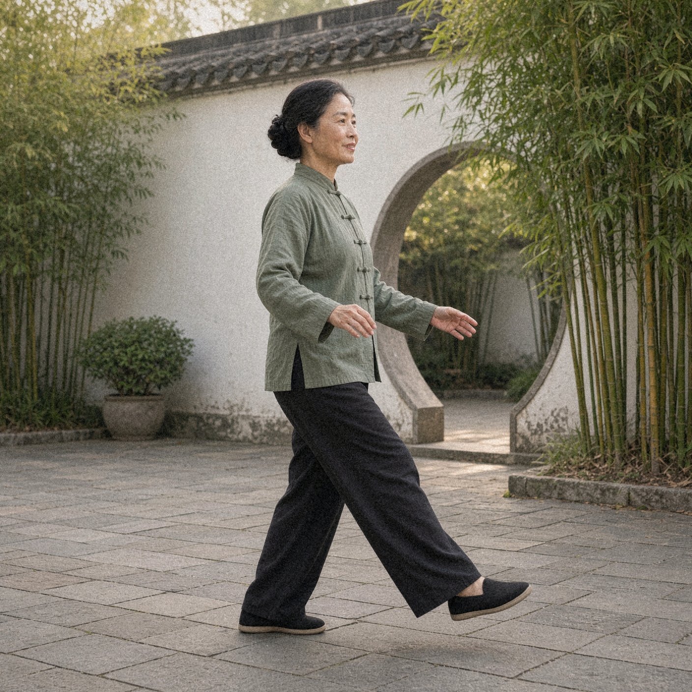 Photo of a woman over 50 in a sage green tai chi jacket showing the tai chi walking step: heel step forward