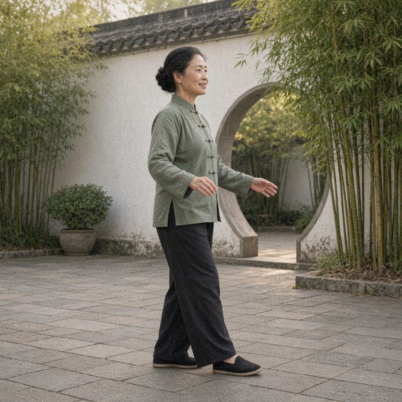 Photo of a woman over 50 in a sage green tai chi jacket showing the tai chi walking step: roll onto the whole foot