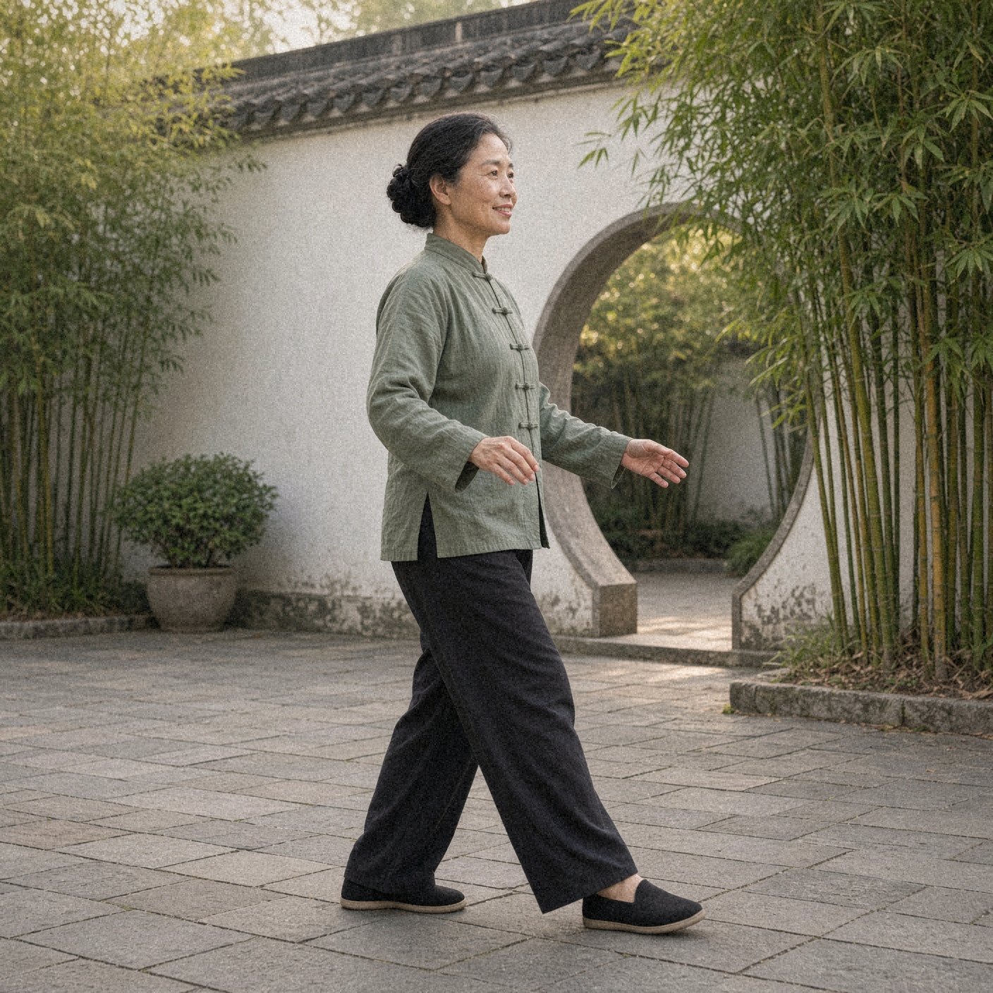 Photo of a woman over 50 in a sage green tai chi jacket showing the tai chi walking step: shift your weight forward