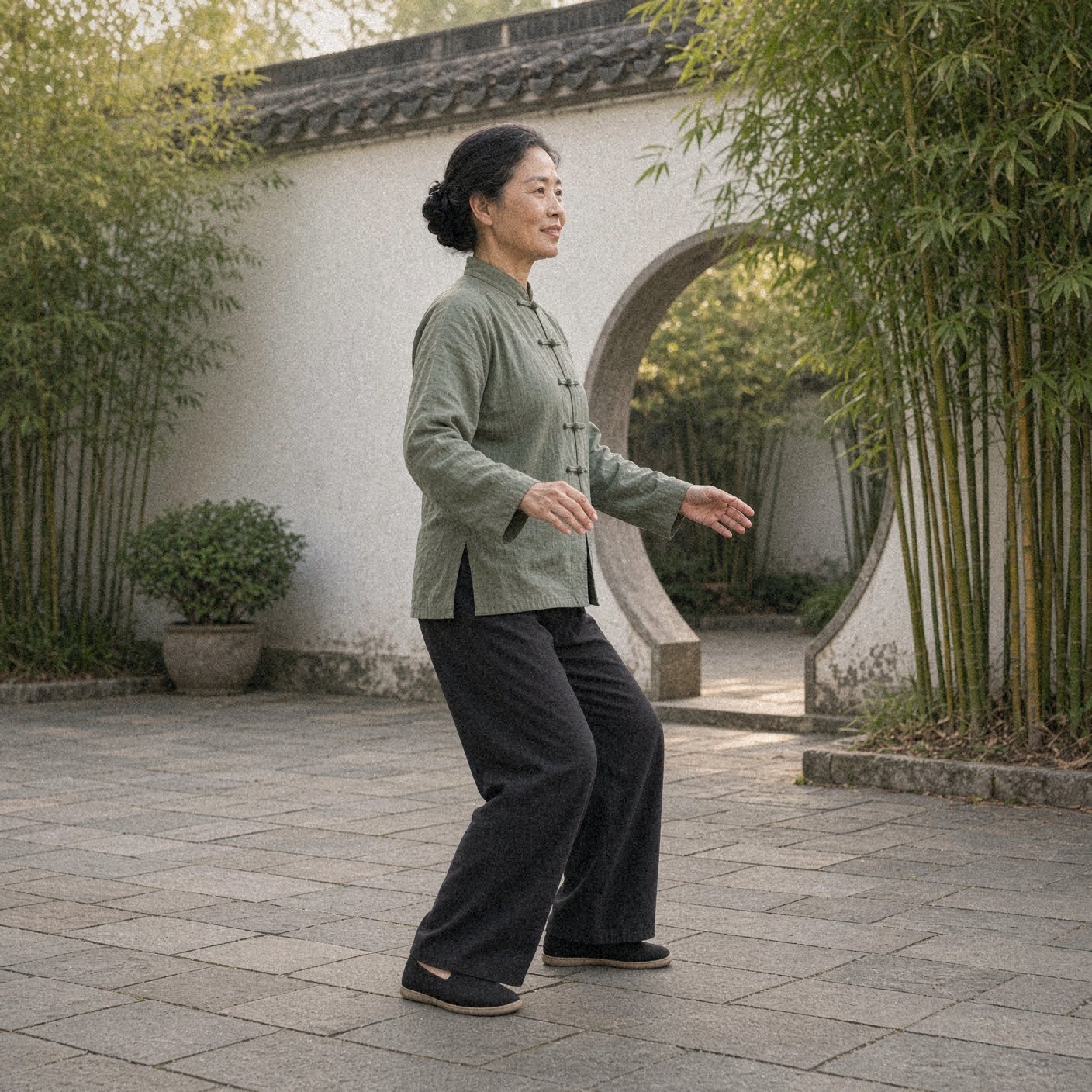 Photo of a woman over 50 in a sage green tai chi jacket showing the tai chi walking step: sink into one leg