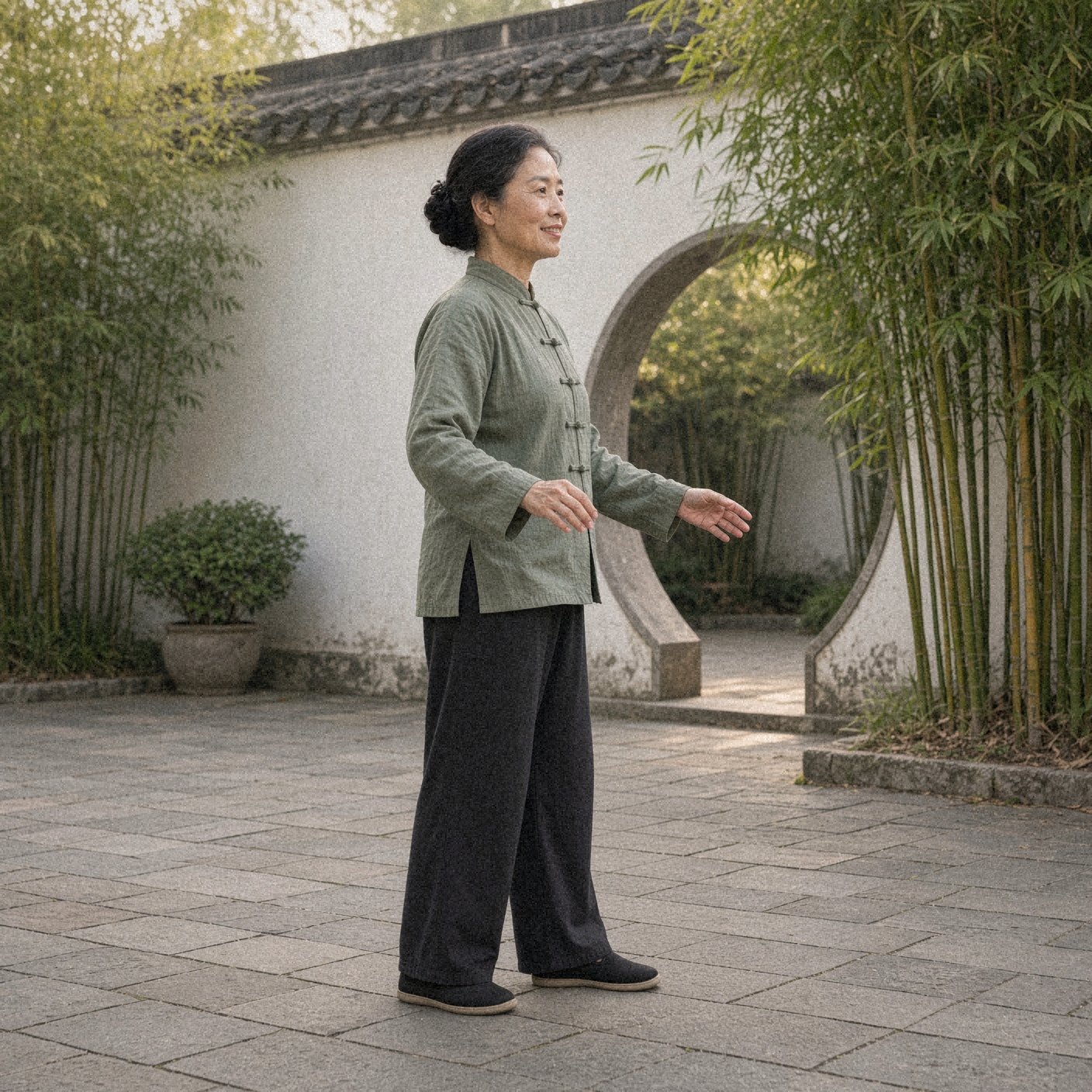 Photo of a woman over 50 in a sage green tai chi jacket showing the tai chi walking step: stand ready