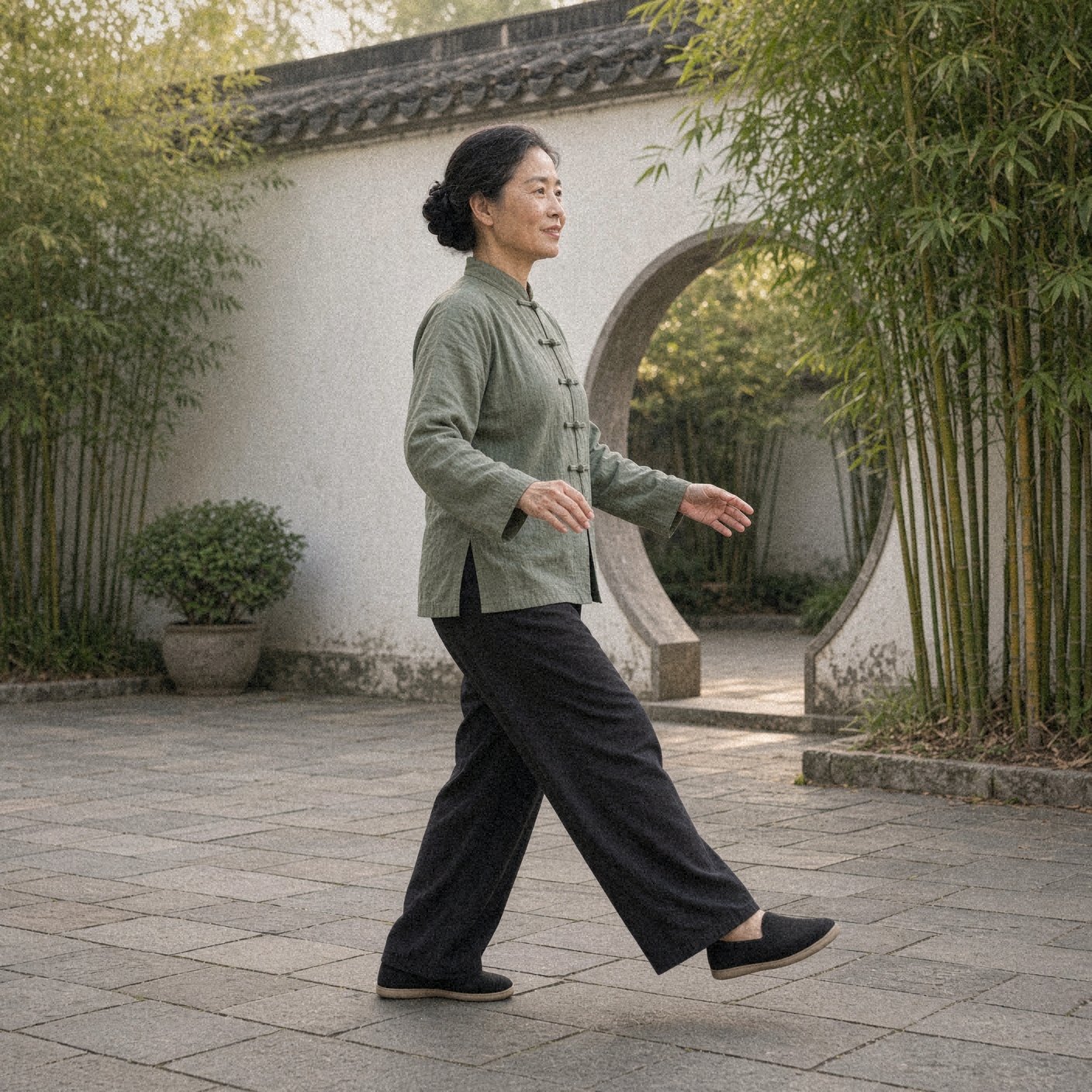 Photo of a woman over 50 in a sage green tai chi jacket doing tai chi walking, an easy tai chi move for beginners