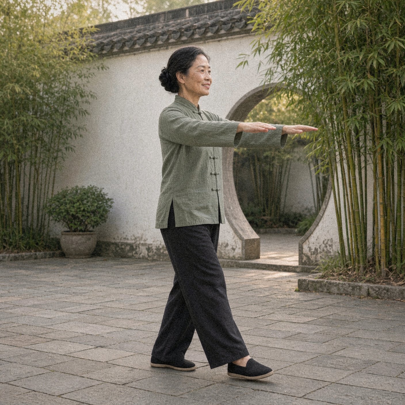 Photo of a woman over 50 in a sage green tai chi jacket showing the tai chi walking step: walk with soft arms