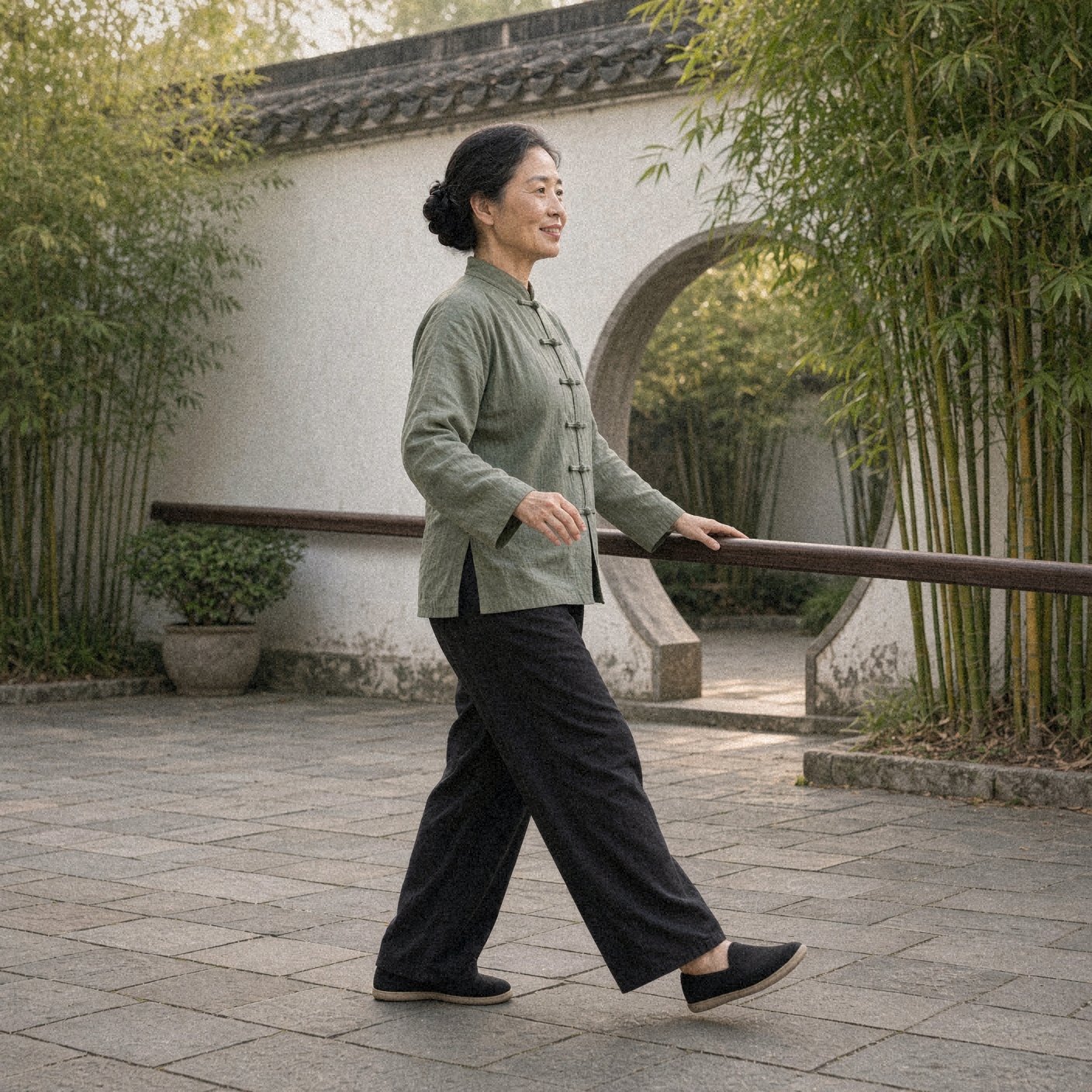 Photo of a woman over 50 in a sage green tai chi jacket showing the tai chi walking step: walk with support