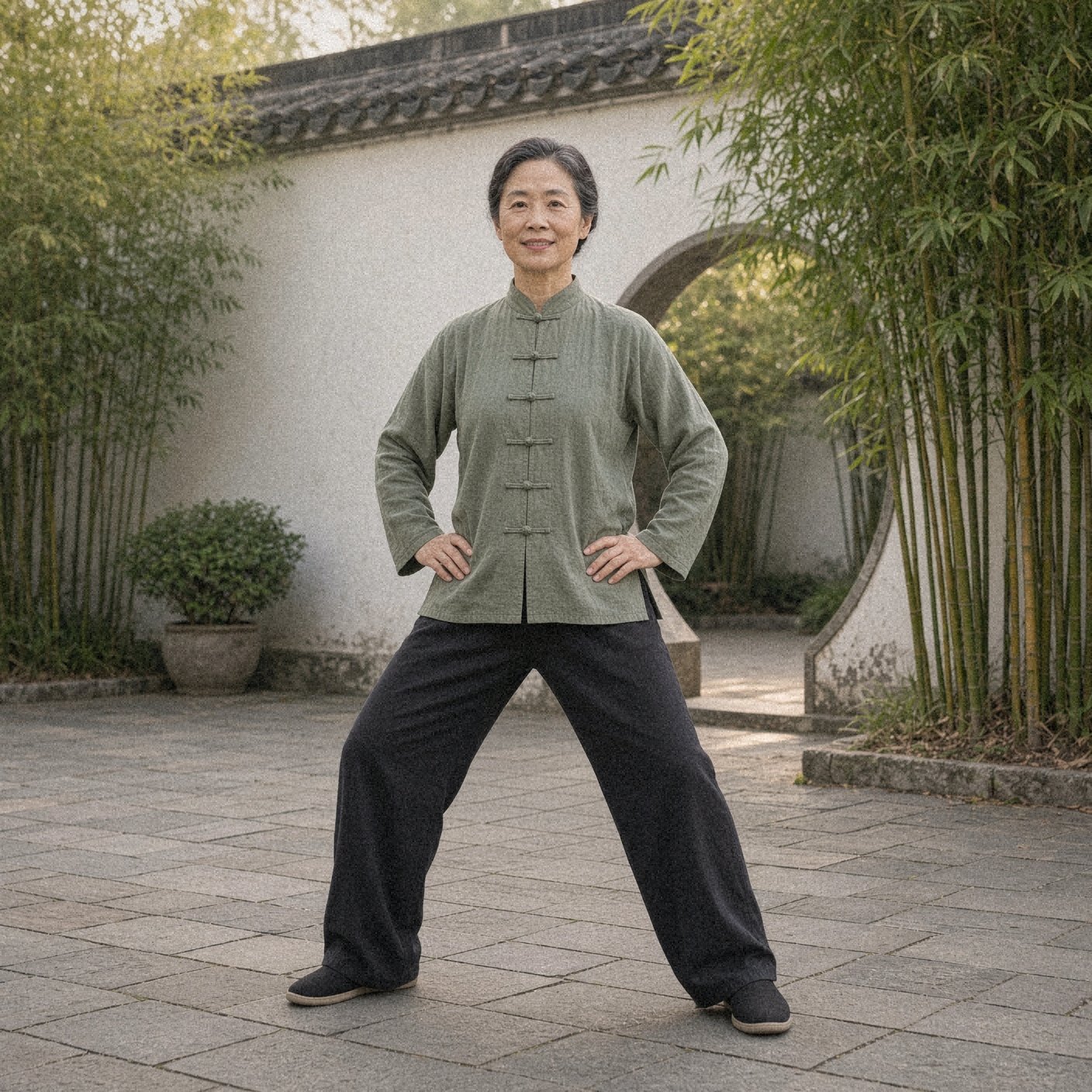 Photo of a woman over 50 in a sage green tai chi jacket doing weight shifting, an easy tai chi move for beginners